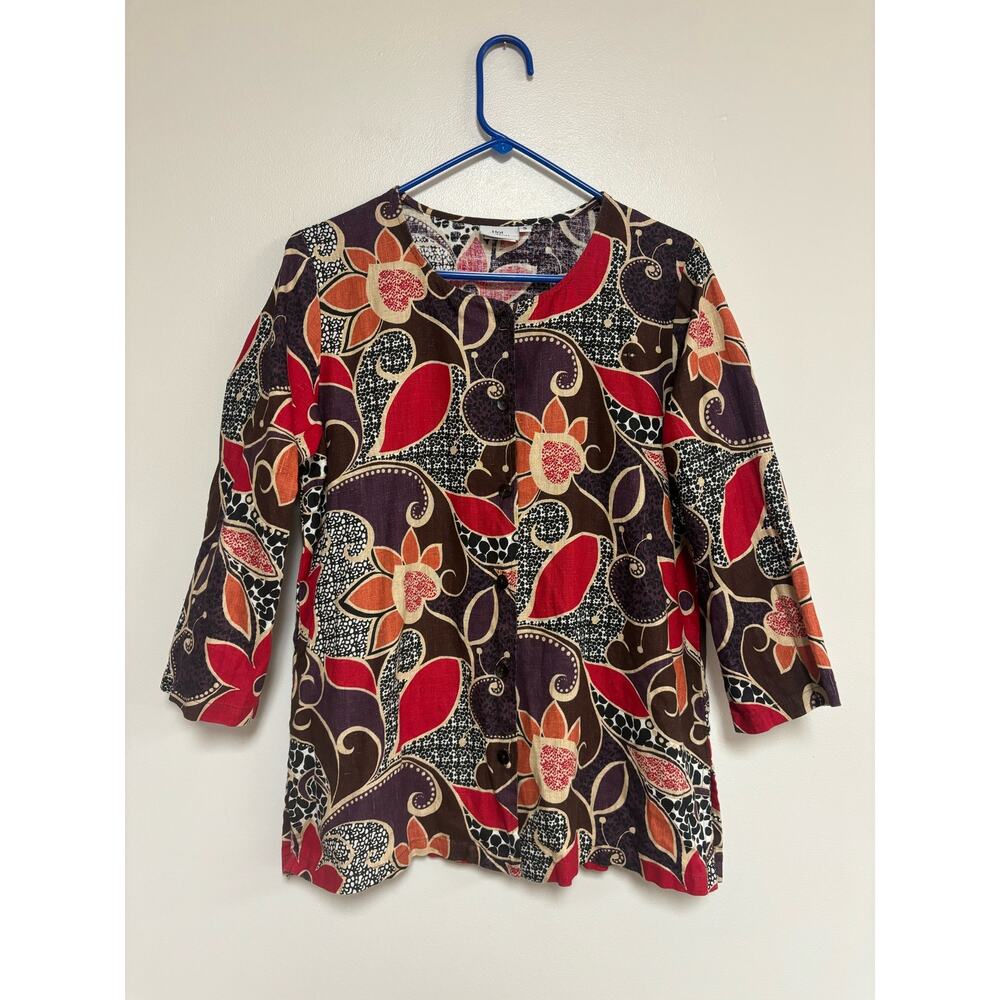 Hot Cotton top blouse linen floral multicolor fall earthy art to wear artsy S